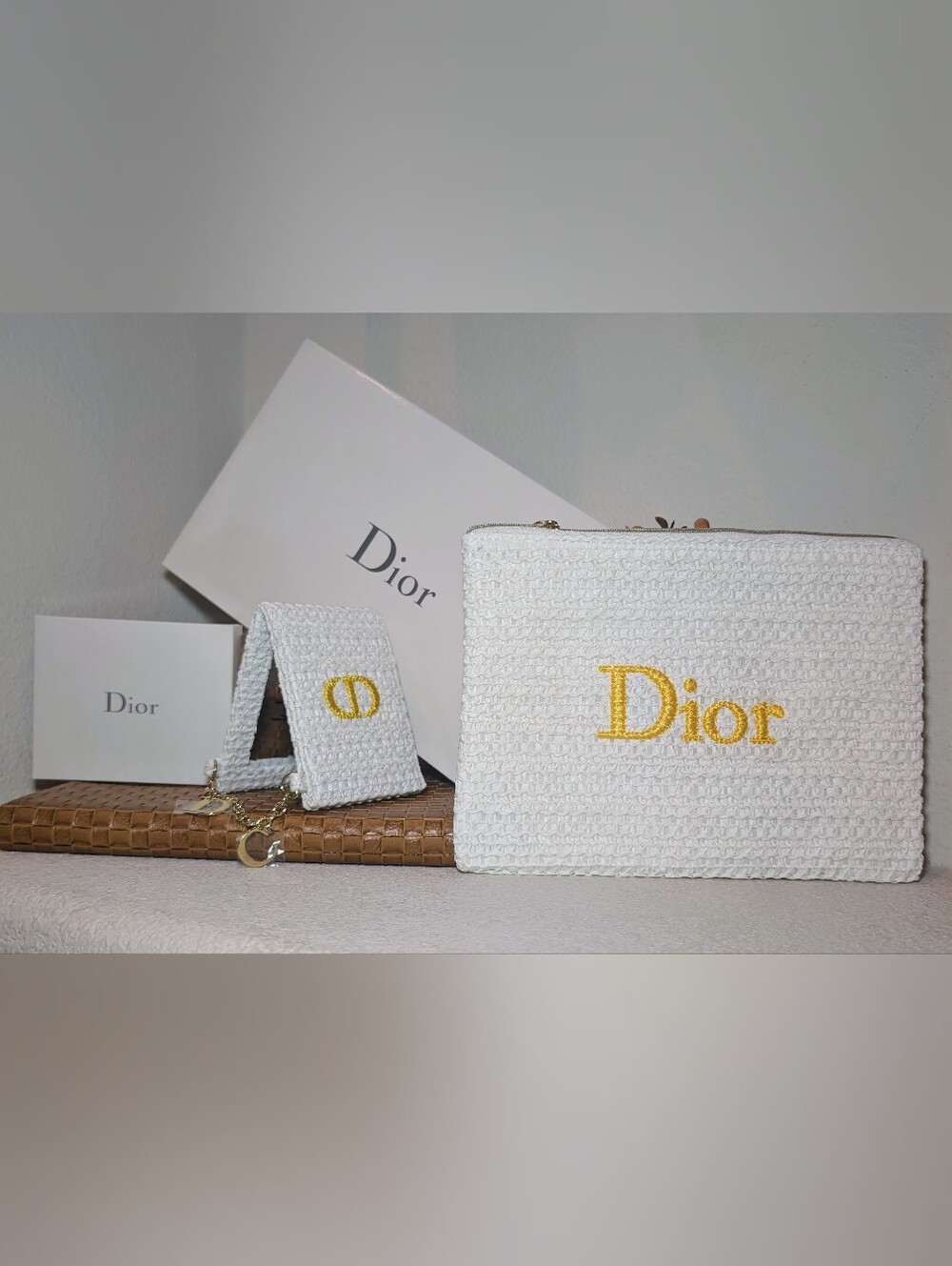 Dior White & Yellow Raffia Pouch and Foldable Compact Mirror GWP